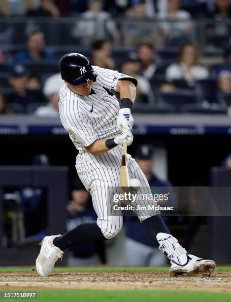 Anthony Volpe of the New York Yankees in action against the Seattle Mariners at Yankee Stadium on June 22, 2023 in the Bronx borough of New York...