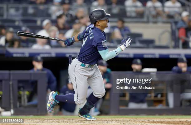 Julio Rodriguez of the Seattle Mariners in action against the New York Yankees at Yankee Stadium on June 22, 2023 in the Bronx borough of New York...