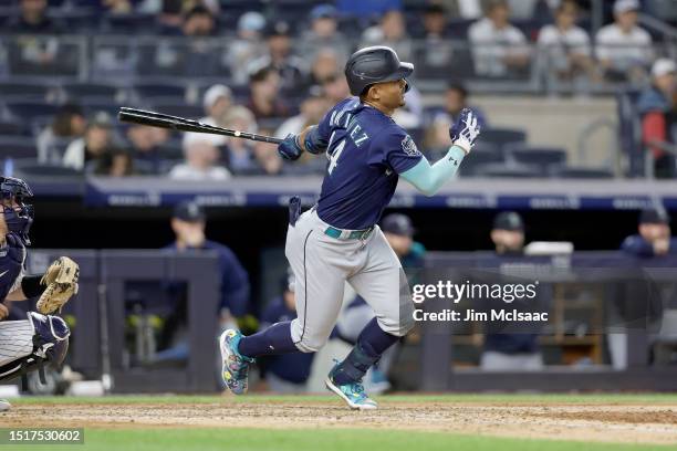 Julio Rodriguez of the Seattle Mariners in action against the New York Yankees at Yankee Stadium on June 22, 2023 in the Bronx borough of New York...
