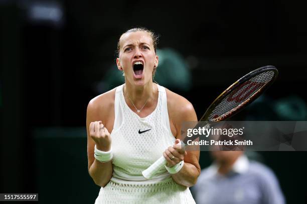 Petra Kvitova of Czech Republic celebrates winning match point against Jasmine Paolini of Italy in the Women's Singles first round match in the Men's...