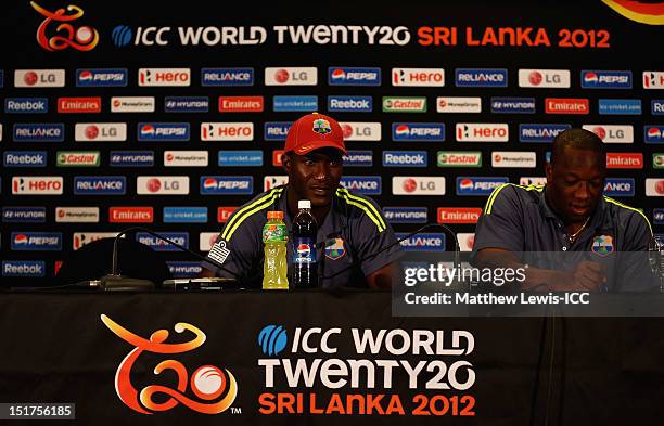 Darren Sammy, Captain of the West Indies talks to media during the West Indies Press Conference ahead of the ICC T20 World Cup at the Cinnamon Grand...