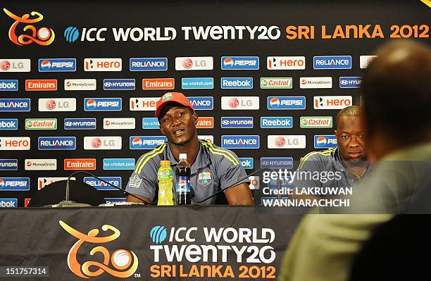 West Indies cricket team captain Darren Sammy addresses a press conference after his team arrived for the World Cup Twenty20 tournament in Colombo on...