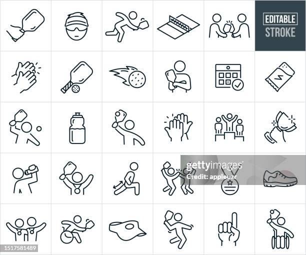 pickleball and athletes playing pickleball sport thin line icons - editable stroke - racket stock illustrations