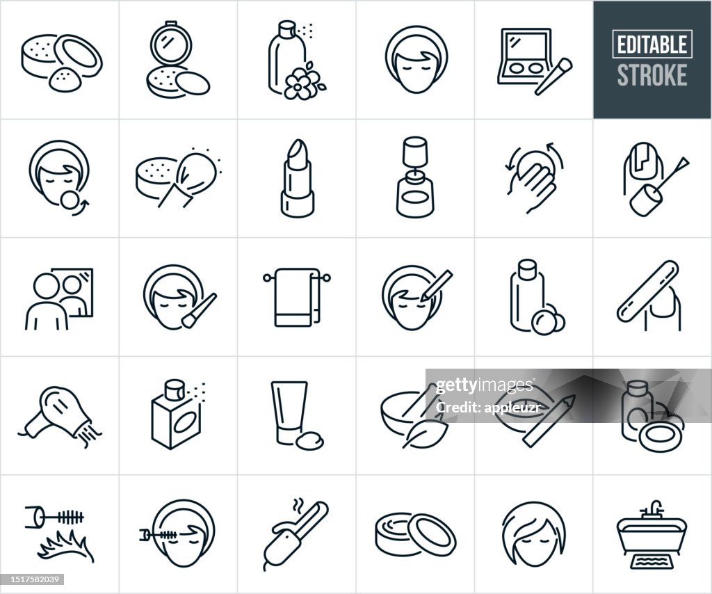 Cosméticos y maquillaje facial Iconos de línea fina - Trazo editable