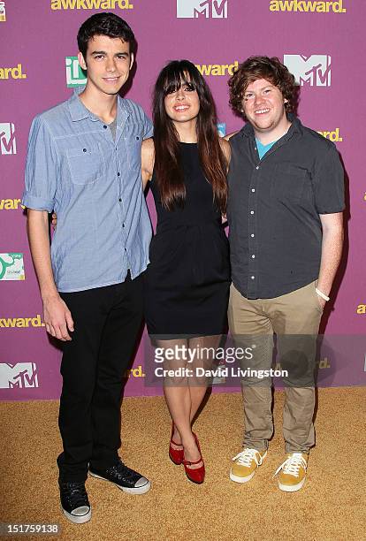 Actors Joey Pollari, Alex Frnka and Zach Pearlman attend MTV's finale party for "Awkward" Season Two at The Colony on September 10, 2012 in Los...