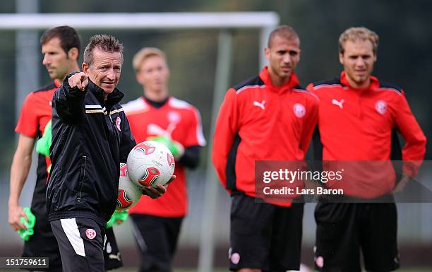 Head coach Norbert Meier gestures during a Fortuna Duesseldorf training session on September 11, 2012 in Duesseldorf, Germany.