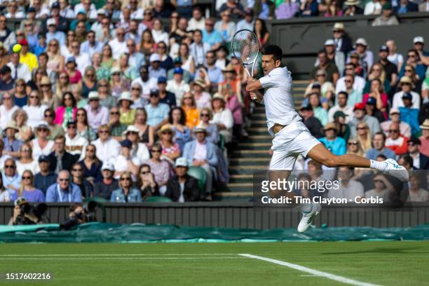 Novak Djokovic of Serbia in action against Jordan Thompson of Australia in the Gentlemen's Singles second-round match on Centre Court during the...