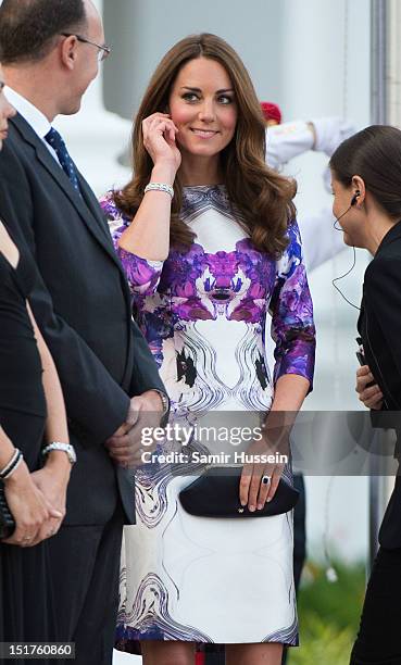 Catherine, Duchess of Cambridge attends the welcome ceremony on arrival at the Istana on day 1 of their Diamond Jubilee tour on September 11, 2012 in...