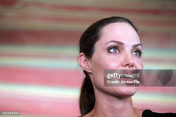 Goodwill Ambassador and Hollywood actress Angelina Jolie holds a press conference with UNHCR High Commissioner Antonio Guterres during her visit to...