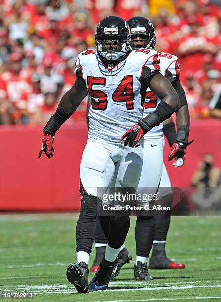 Linebacker Stephen Nicholas of the Atlanta Falcons reacts after a play against the Kansas City Chiefs during the first half of their season opener on...