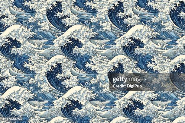 water wave seamless quartet continuous pattern 3*2 in the style of katsushika hokusai - arte-xilográfico-en-estilo-oriental fotografías e imágenes de stock