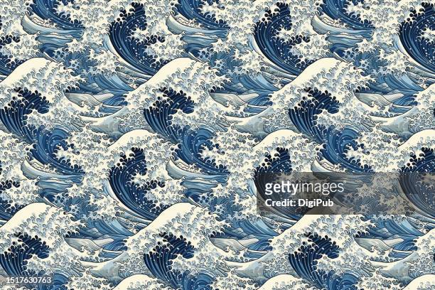 water wave seamless quartet continuous pattern 3*2 in the style of katsushika hokusai - edo period stock pictures, royalty-free photos & images