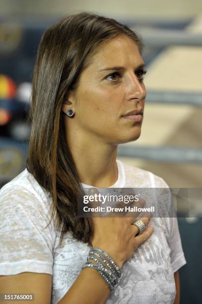 United States women's soccer gold medalist Carli Lloyd observees the NAtional Anthem before the game between the Columbus Crew and Philadelphia Union...