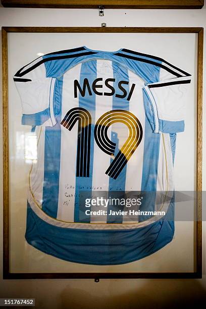 An autographed Argentina´s jersey used by Lionel Messi is exhibited at Las Palmas restaurant on April 26 in Rosario, Argentina. ROSARIO, ARGENTINA In...