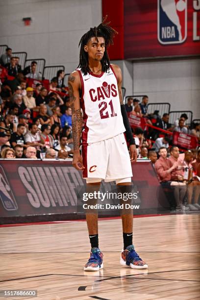 Emoni Bates of the Cleveland Cavaliers looks on during the game during the 2023 NBA Las Vegas Summer League on July 9, 2023 at the The Cox Pavillion...