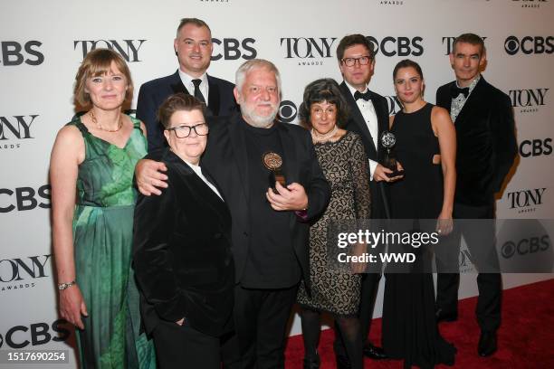 The Cast of "The Lehman Trilogy" pose in the press room after winning Best Play and Best Performance by an Actor in a Leading Role in a Play at the...