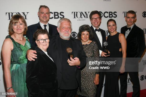 The Cast of "The Lehman Trilogy" pose in the press room after winning Best Play and Best Performance by an Actor in a Leading Role in a Play at the...