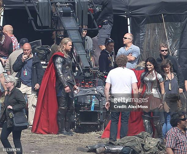 Chris Hemsworth and Jaimie Alexander filming In Surrey for the new Thor movie sequel on September 11, 2012 in London, England.