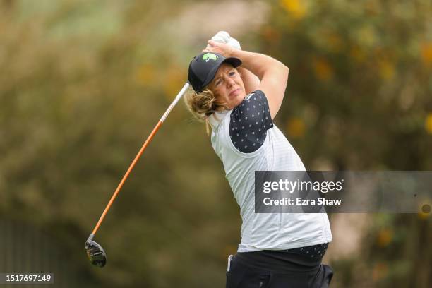 Amy Olson of the United States plays her shot from the 15th tee prior to the 78th U.S. Women's Open at Pebble Beach Golf Links on July 05, 2023 in...