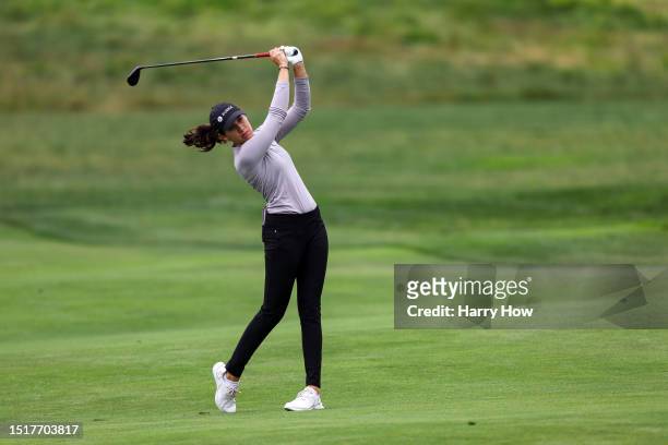 Albane Valenzuela of Switzerland plays an approach shot on the second hole prior to the 78th U.S. Women's Open at Pebble Beach Golf Links on July 05,...