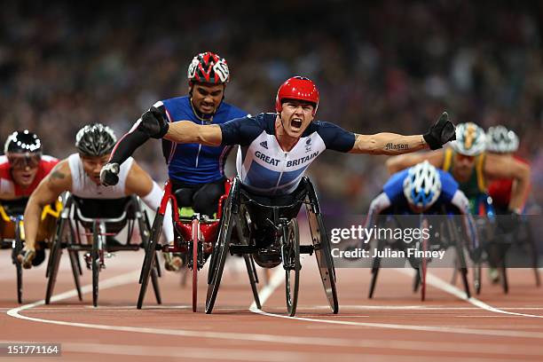 David Weir of Great Britain crosses the line to win gold in the Men's 1500m - T54 Final on day 6 of the London 2012 Paralympic Games at Olympic...