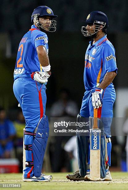 Indian team captain MS Dhoni and Yuvraj Singh during the 2nd T20 match played between India and New Zealand at M.A. Chidambaram Stadium on September...