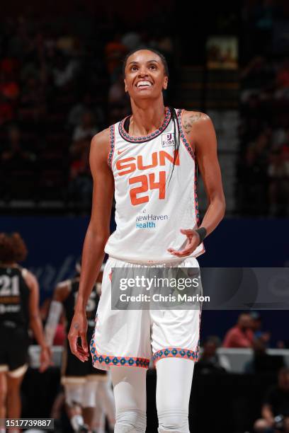 DeWanna Bonner of the Connecticut Sun smiles during the game against the Washington Mystics on July 9, 2023 at the Mohegan Sun Arena in Uncasville,...