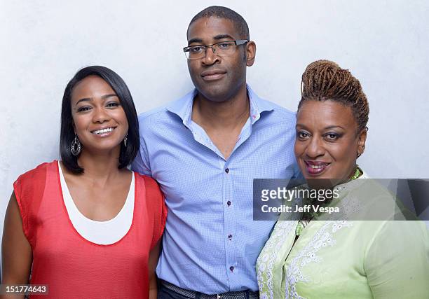 Actress Tatyana Ali, director Sudz Sutherland and actress CCH Pounderof "Home Again" poses at the Guess Portrait Studio during 2012 Toronto...