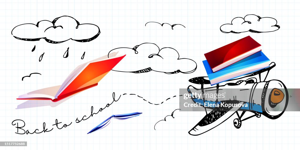 School education concept in cartoon style. Drawn helicopter in the clouds with books on an isolated white background. Creative banner or template. Back to School!