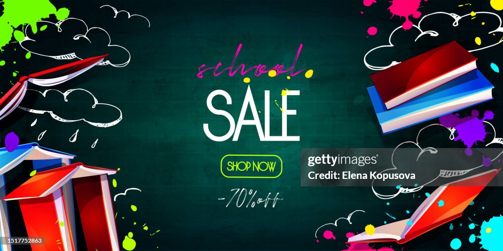 School education concept in cartoon style. Houses from textbooks and books with freehand drawings and blots on the background of a slate board. Creative web-banner or web-template.