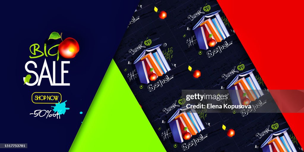 School education concept in cartoon style. Stylish school seamless background with books and apple and discount text on colorful paper background. Creative banner or template.
