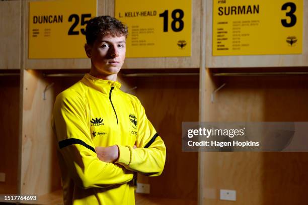 Lukas Kelly-Heald poses after signing with the Wellington Phoenix during a media opportunity at NZCIS on July 06, 2023 in Upper Hutt, New Zealand.