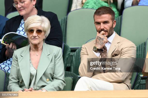 Sandra Beckham and David Beckham attend day three of the Wimbledon Tennis Championships at All England Lawn Tennis and Croquet Club on July 05, 2023...