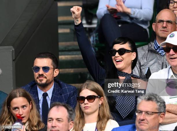 Orlando Bloom and Katy Perry attend day three of the Wimbledon Tennis Championships at All England Lawn Tennis and Croquet Club on July 05, 2023 in...