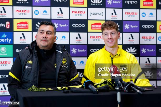 Coach Giancarlo Italiano and Lukas Kelly-Heald speak to media during a Wellington Phoenix media opportunity at NZCIS on July 06, 2023 in Upper Hutt,...