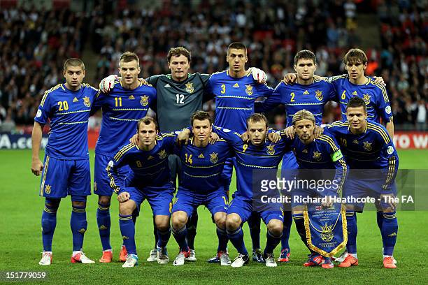 The Ukraine team pose for a team picture prior to kickoff during the FIFA 2014 World Cup qualifier group H match between England and Ukraine at...