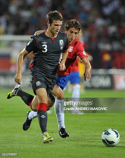 Wales' Adam Matthews vies for the ball with Serbia's Filip Djuricic during their FIFA 2014 World Cup qualifying football match at the Karadjordje...