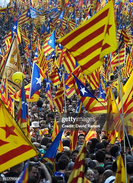 People hold Pro-independence Catalan flags in a demonstration calling for independence during the Catalonia's National Day on September 11, 2012 in...