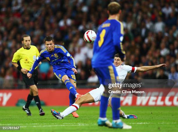 Yevhen Konoplianka of Ukraine shoots past Steven Gerrard of England to score their first goal with during the FIFA 2014 World Cup Group H qualifying...
