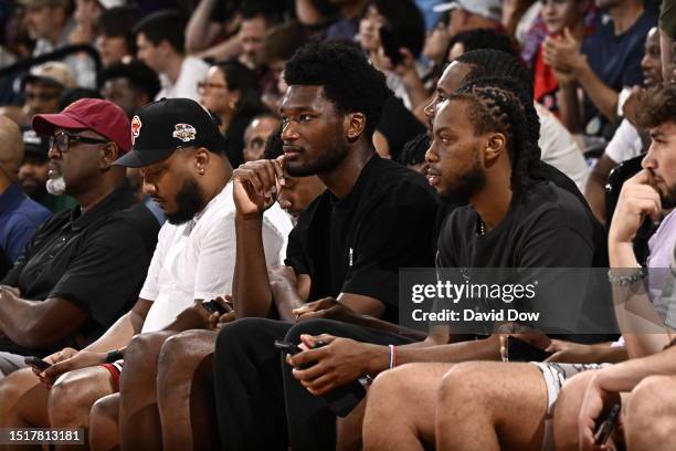 Damian Jones sits courtside during the game during the 2023 NBA Las Vegas Summer League on July 9, 2023 at the The Cox Pavillion in Las Vegas,...