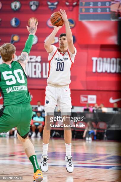 Tristan Vukcevic of the Washington Wizards shoots a three point basket during the game during the 2023 NBA Las Vegas Summer League on July 9, 2023 at...