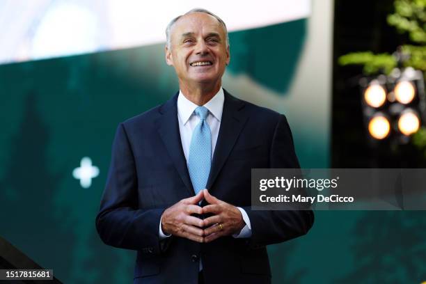 Major League Baseball Commissioner Robert D. Manfred Jr. Looks on during the MLB Draft presented by Nike at Lumen Field on Sunday, July 9, 2023 in...