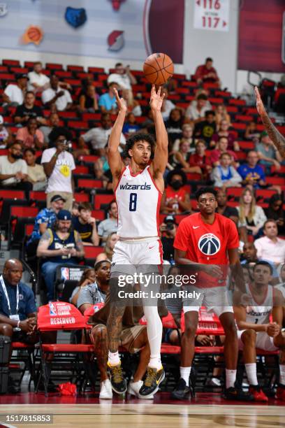 Jules Bernard of the Washington Wizards shoots a three point basket during the game during the 2023 NBA Las Vegas Summer League on July 9, 2023 at...