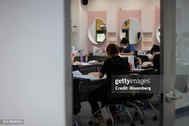 North Korean defectors at a nail art class inside Anseong Hanawon, Settlement Support Center for North Korean Refugees, in Anseong, Gyeonggi...