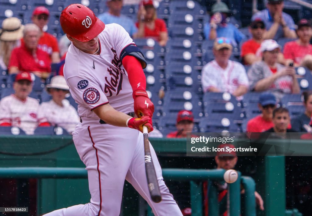 Nationals Riley Adams Washington Nationals catcher Riley Adams at bat during a MLB game ...