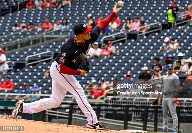 July 09: Washington Nationals starting pitcher Patrick Corbin pitches during the Texas Rangers versus the Washington Nationals on July 9, 2023 at...