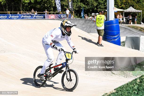 Ralf RATNIEKS of Latvia competes in the Boys 13 during the BMX European Championships session on July 9, 2023 in Besancon, France.