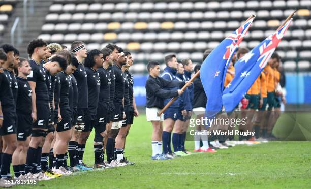 New Zealand U20 singing the national anthem before the World Rugby U20 Championship 2023, 5th Place semi final match between New Zealand and...