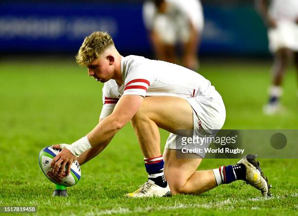 Louie Johnson of England U20 during the World Rugby U20 Championship 2023 semi final match between France and England at Athlone Sports Stadium on...
