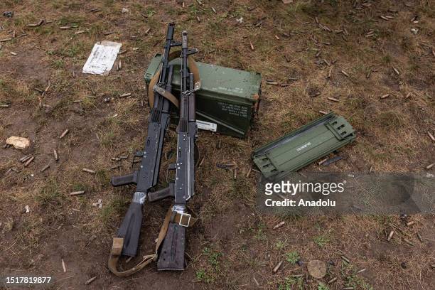 Model guns and an ammunition box are seen as Ukrainian solders attend the training session at the training area as Russian-Ukrainian war continues in...